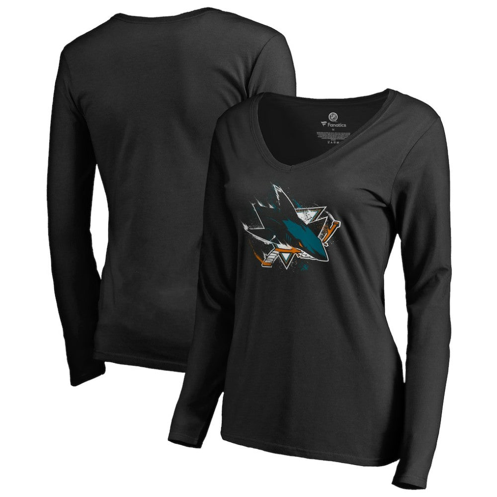 NHL Black San Jose Sharks Women's Splatter Logo V-Neck Long Sleeve T-Shirt