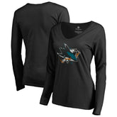 NHL Black San Jose Sharks Women's Splatter Logo V-Neck Long Sleeve T-Shirt