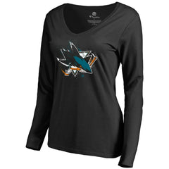 NHL Black San Jose Sharks Women's Splatter Logo V-Neck Long Sleeve T-Shirt
