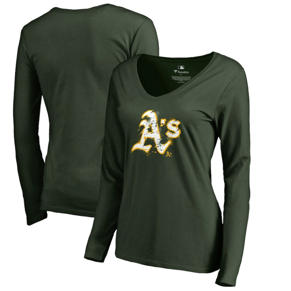 MLB Athletics Women's Splatter Logo Long Sleeve V-Neck T-Shirt