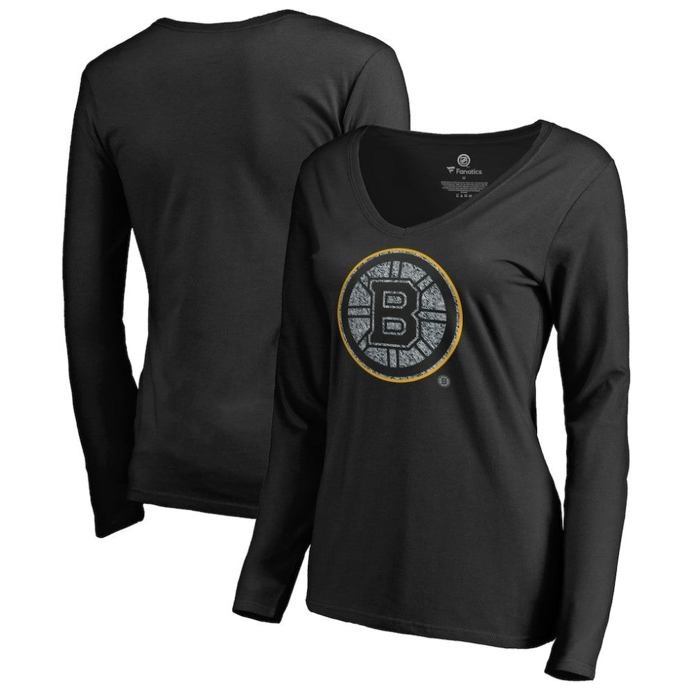 NHL Black Boston Bruins Women's Static Logo Long Sleeve V-Neck T-Shirt