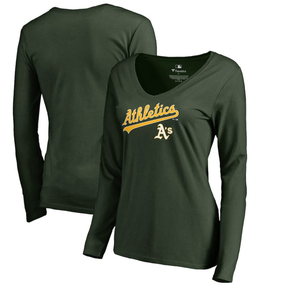 MLB Athletics Women's Team Lockup Slim Fit Long Sleeve V-Neck T-Shirt