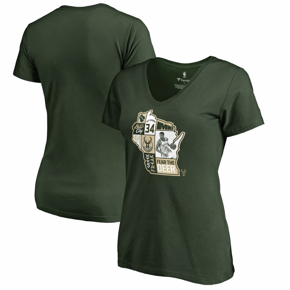 NBA Giannis Antetokounmpo Milwaukee Bucks Women's Player State V-Neck T-Shirt