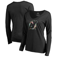 NHL Black New Jersey Devils Women's Lovely Long Sleeve V-Neck T-Shirt