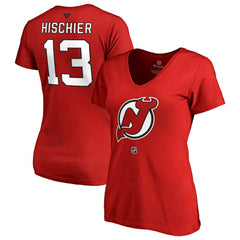 NHL Red Nico Hischier New Jersey Devils Women's Authentic Stack Name & Number V-Neck T-Shirt