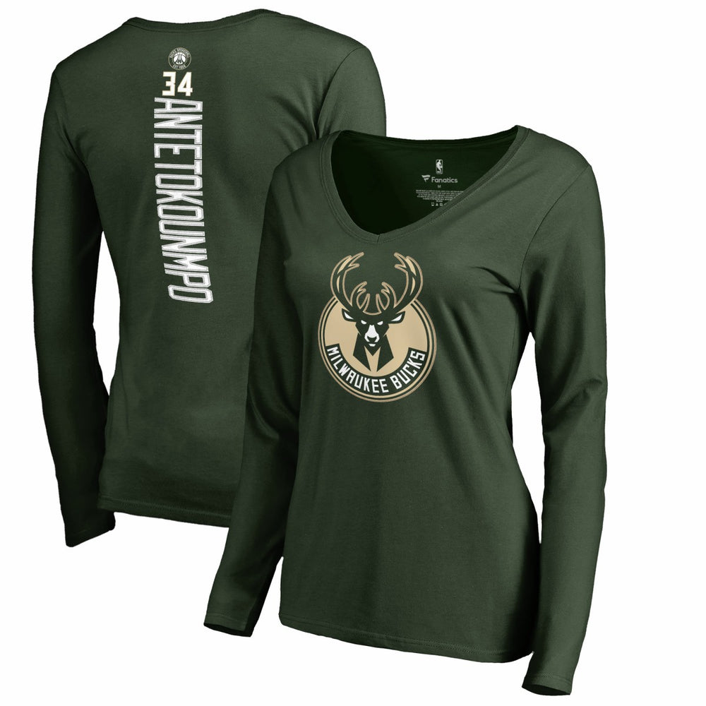 NBA Giannis Antetokounmpo Milwaukee Bucks Women's Team Backer Name & Number Long Sleeve V-Neck T-Shirt