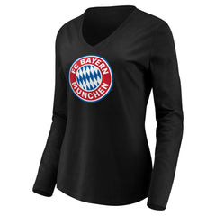 Bayern Munich Women's Logo Long Sleeve V-Neck T-Shirt - Black