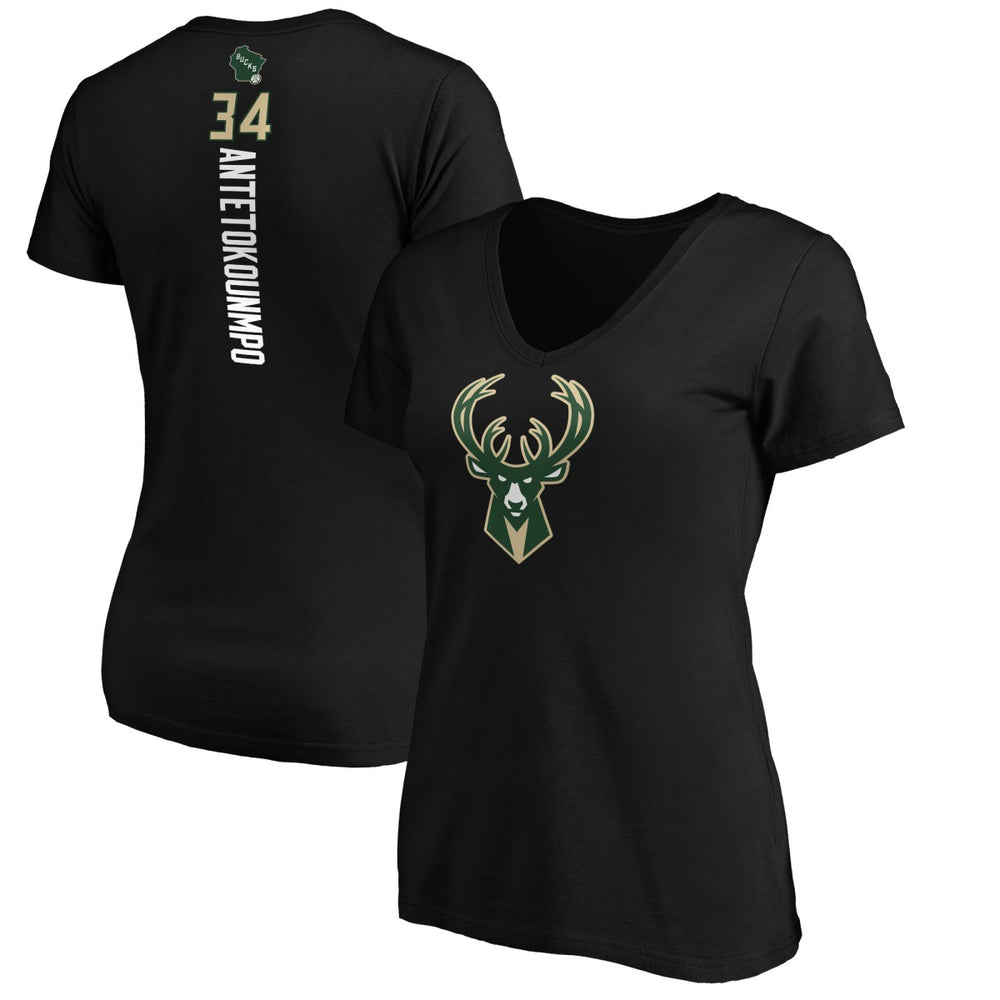 NBA Giannis Antetokounmpo Milwaukee Bucks Women's Playmaker Name & Number V-Neck T-Shirt