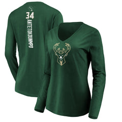 NBA Giannis Antetokounmpo Milwaukee Bucks Women's Playmaker Name & Number Long Sleeve V-Neck T-Shirt