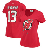 NHL Red Nico Hischier New Jersey Devils Fanatics Women's Name & Number Logo V-Neck T-Shirt