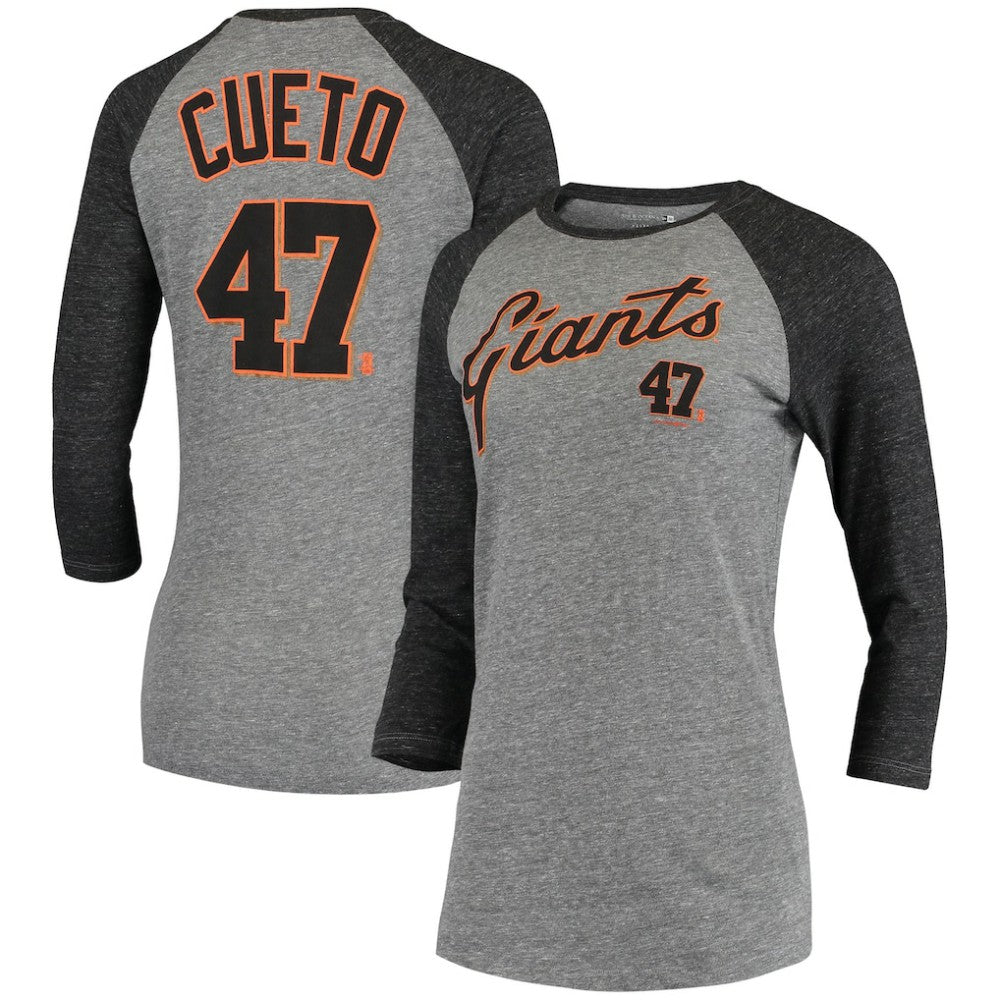 MLB Johnny Cueto San Francisco Giants 5th & Ocean by New Era Women's Script Name & Number Raglan Tri-Blend 3/4-Sleeve T-Shirt