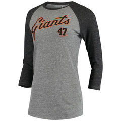 MLB Johnny Cueto San Francisco Giants 5th & Ocean by New Era Women's Script Name & Number Raglan Tri-Blend 3/4-Sleeve T-Shirt