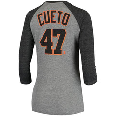 MLB Johnny Cueto San Francisco Giants 5th & Ocean by New Era Women's Script Name & Number Raglan Tri-Blend 3/4-Sleeve T-Shirt