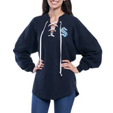 NHL Navy Seattle Kraken Fanatics Women's Lace Up Long Sleeve Spirit Top