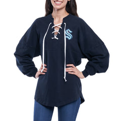 NHL Navy Seattle Kraken Fanatics Women's Lace Up Long Sleeve Spirit Top