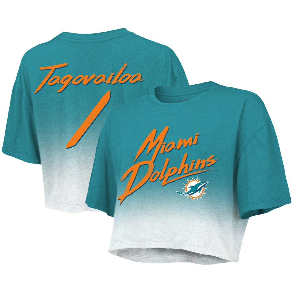 Tua Tagovailoa Majestic Threads Women's Dip-Dye Player Name & Number Crop Top - Miami Dolphins