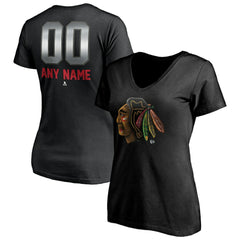 NHL Black Chicago Blackhawks Women's Personalized Midnight Mascot Logo V-Neck T-Shirt
