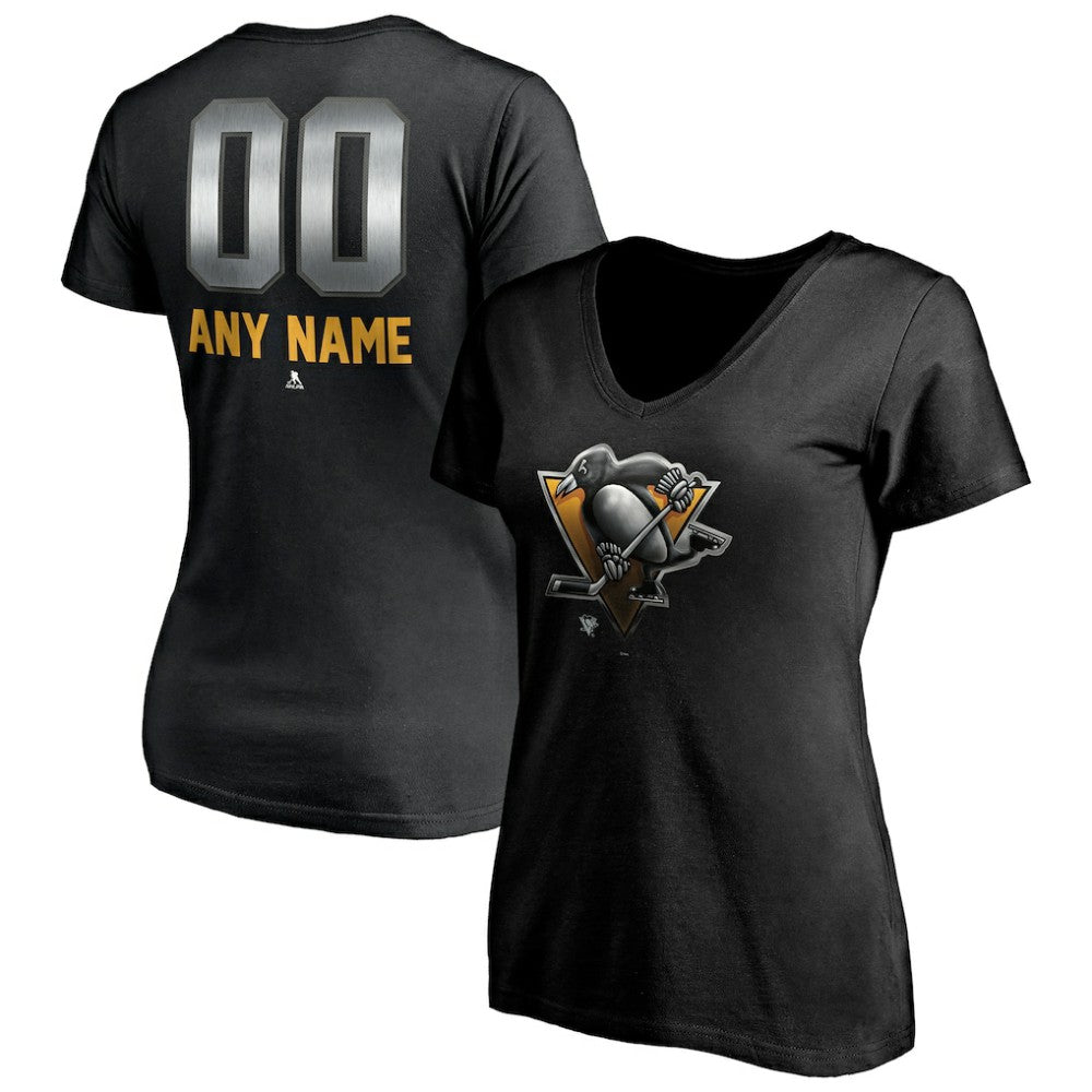 NHL Black Pittsburgh Penguins Women's Personalized Midnight Mascot Logo V-Neck T-Shirt