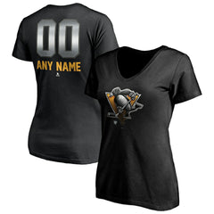 NHL Black Pittsburgh Penguins Women's Personalized Midnight Mascot Logo V-Neck T-Shirt