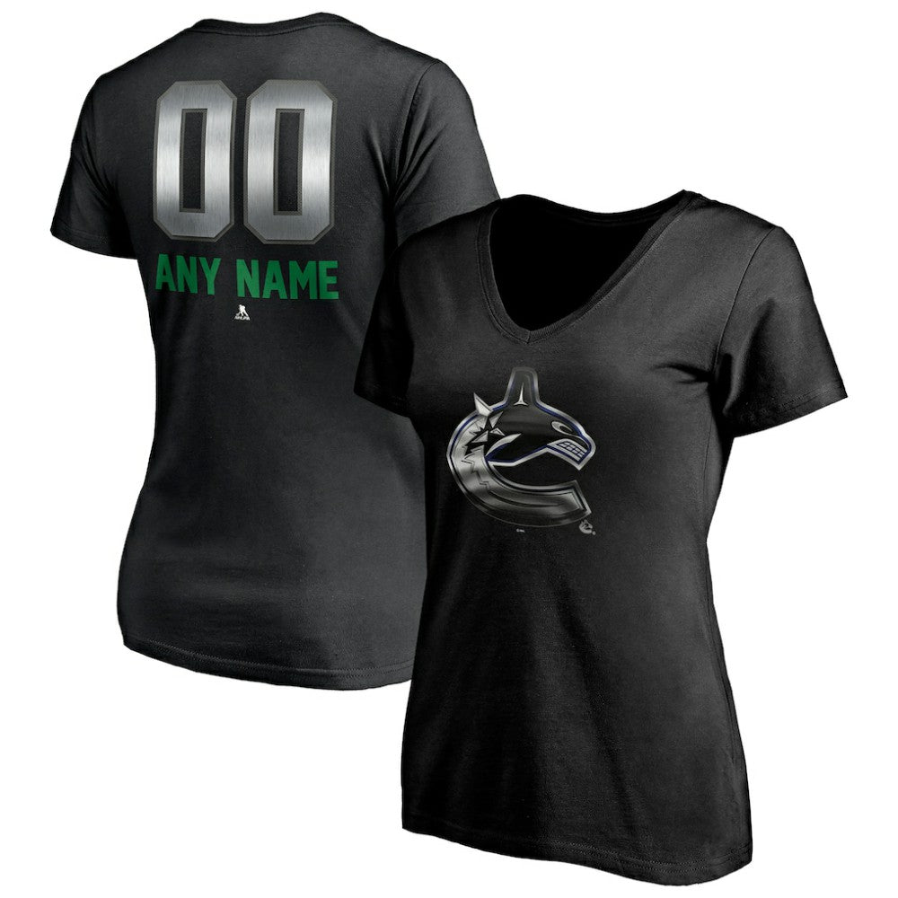 NHL Black Vancouver Canucks Women's Personalized Midnight Mascot Logo V-Neck T-Shirt