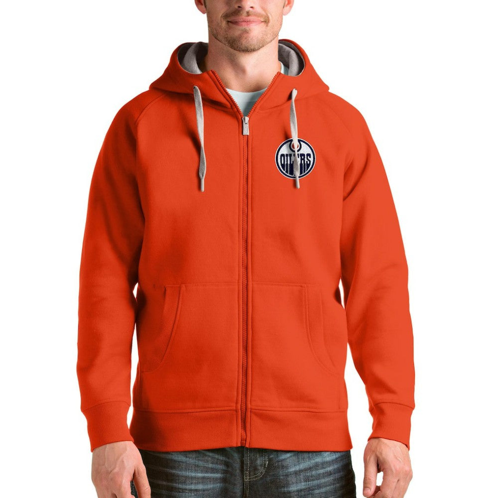 NHL Orange Edmonton Oilers Antigua Logo Victory Full-Zip Hoodie