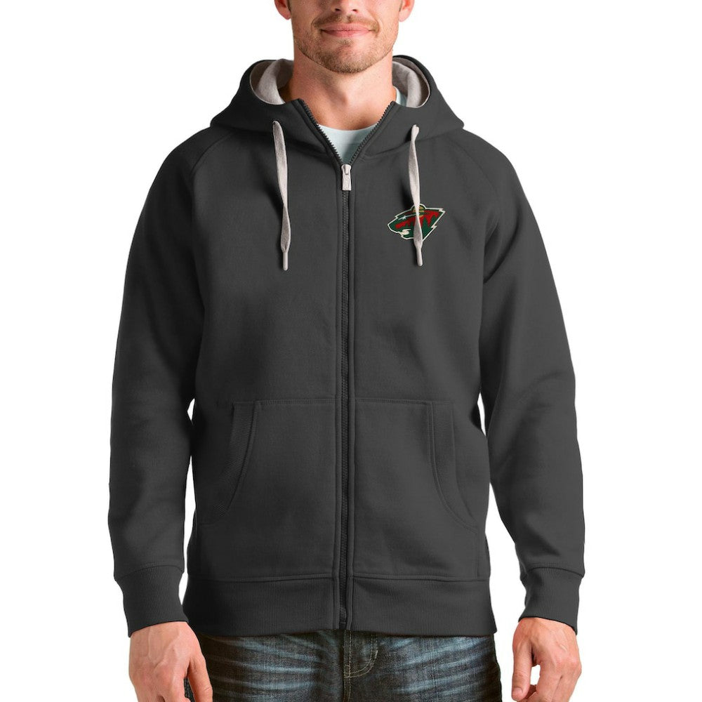 NHL Charcoal Minnesota Wild Antigua Logo Victory Full-Zip Hoodie