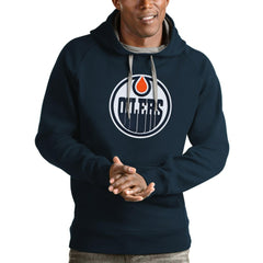 NHL Navy Edmonton Oilers Antigua Logo Victory Pullover Hoodie