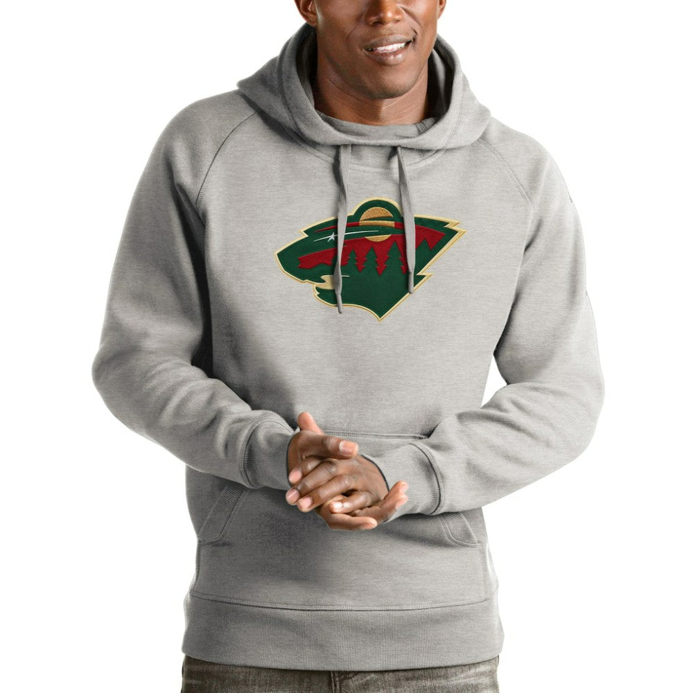 NHL Heathered Gray Minnesota Wild Antigua Logo Victory Pullover Hoodie
