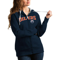 NHL Navy Edmonton Oilers Antigua Women's Wordmark Victory Full-Zip Hoodie