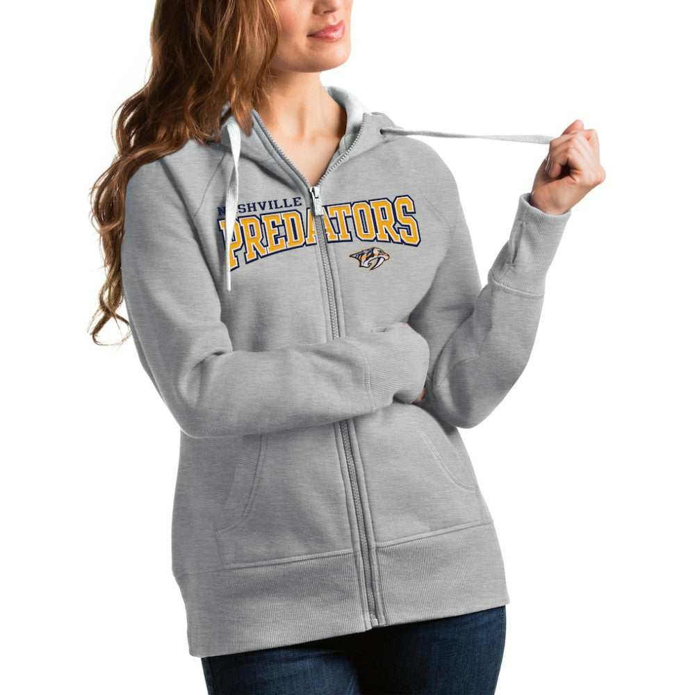 NHL Heathered Gray Nashville Predators Antigua Women's Wordmark Victory Full-Zip Hoodie