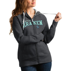 NHL Charcoal Seattle Kraken Antigua Women's Wordmark Victory Full-Zip Hoodie