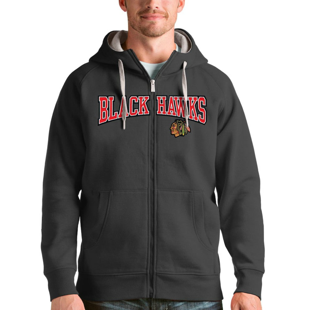 NHL Charcoal Chicago Blackhawks Antigua Wordmark Victory Full-Zip Hoodie