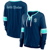 NHL Navy Seattle Kraken Fanatics Women's Effervescent Exclusive Notch Neck Lace-Up Long Sleeve Slub T-Shirt