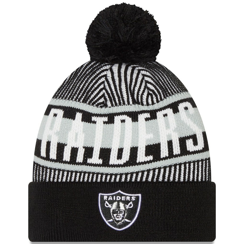 Striped Cuffed Knit Hat with Pom - Las Vegas Raiders