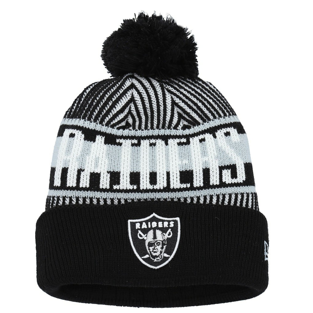 Youth Striped Cuffed Knit Hat with Pom - Las Vegas Raiders