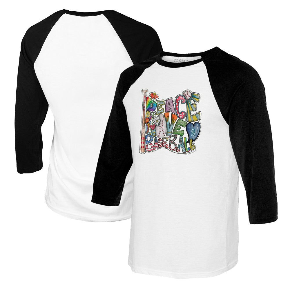 MLB Seattle Mariners Tiny Turnip Women's Peace Love Baseball 3/4-Sleeve Raglan T-Shirt