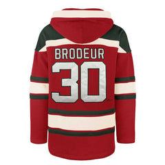 NHL Red Martin Brodeur New Jersey Devils '47 Retired Player Name & Number Lacer Pullover Hoodie
