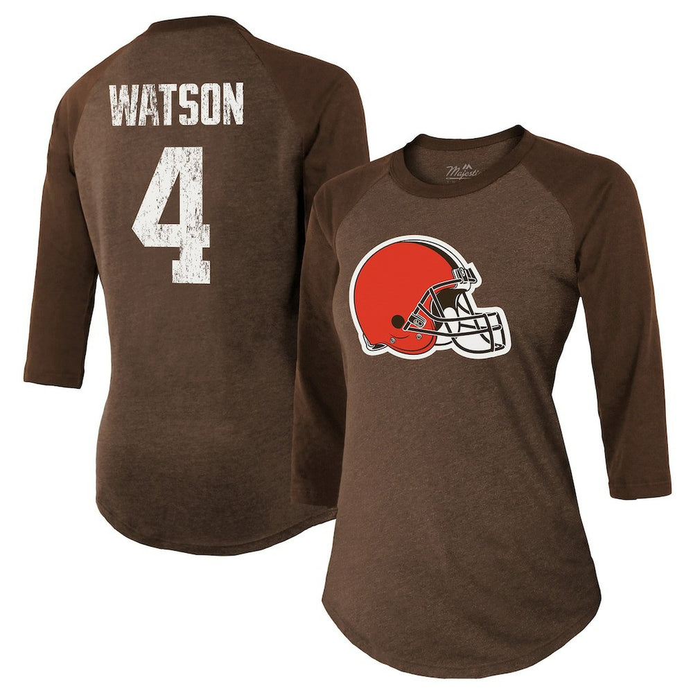 Deshaun Watson Majestic Threads Women's Name & Number Raglan 3/4 Sleeve T-Shirt - Cleveland Browns
