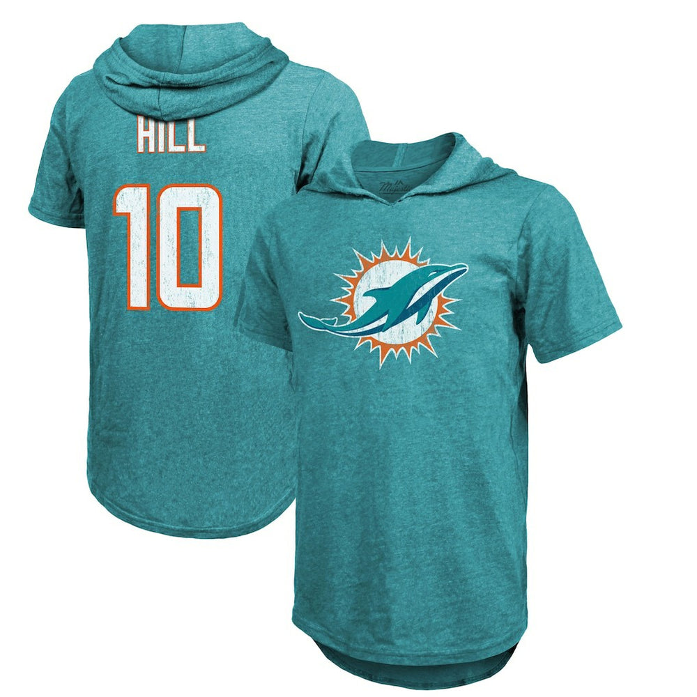 Tyreek Hill Majestic Threads Player Name & Number Short Sleeve Hoodie T-Shirt - Miami Dolphins