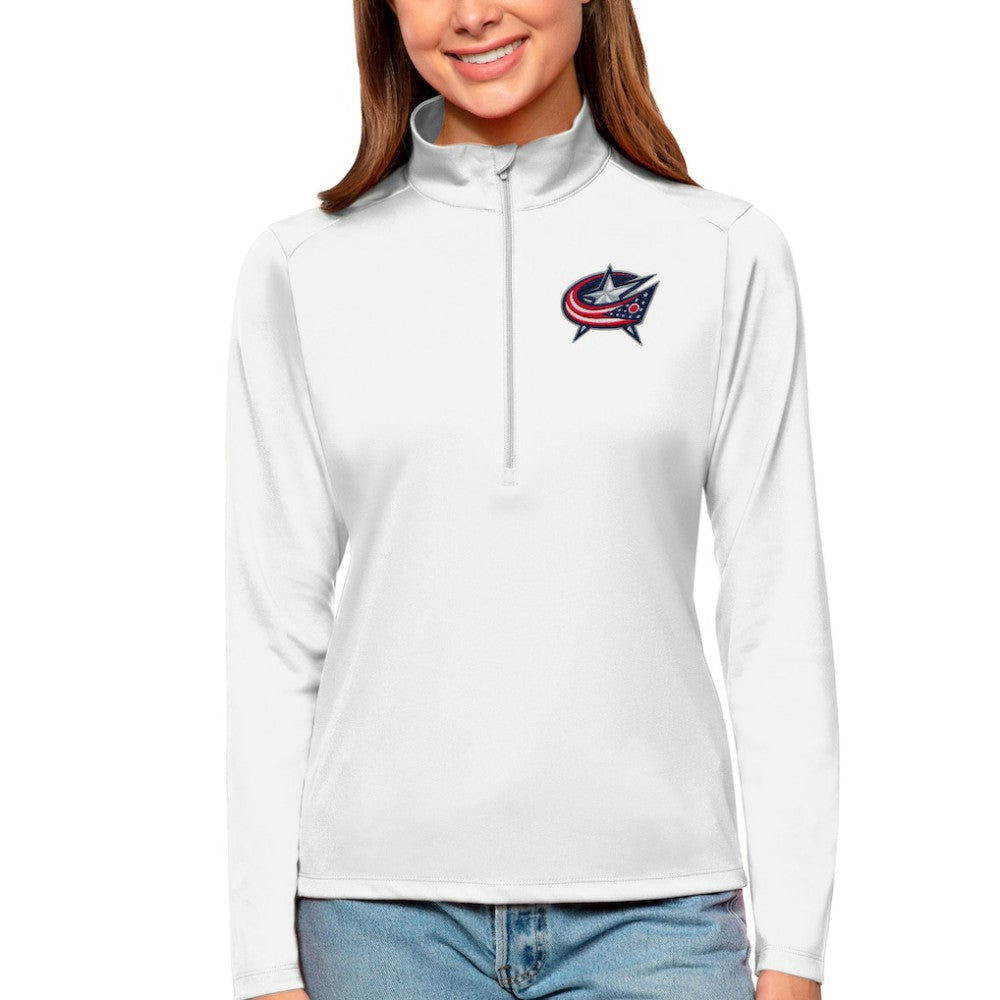 NHL White Columbus Blue Jackets Antigua Women's Tribute Quarter-Zip Pullover Top
