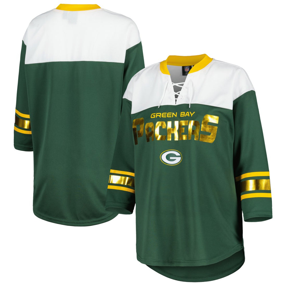 G-III 4Her by Carl Banks Women's Double Team 3/4-Sleeve Lace-Up T-Shirt - Green Bay Packers