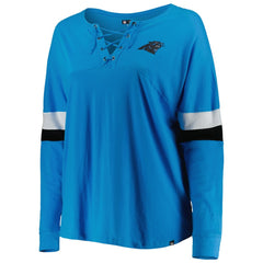 Women's Plus Size Athletic Varsity Lace-Up V-Neck Long Sleeve T-Shirt - Carolina Panthers