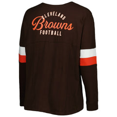 Women's Plus Size Athletic Varsity Lace-Up V-Neck Long Sleeve T-Shirt - Cleveland Browns