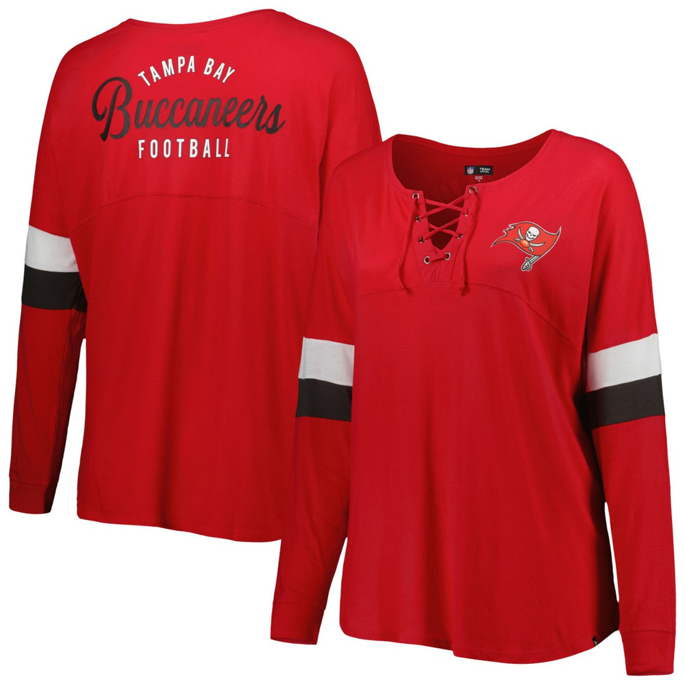 Women's Plus Size Athletic Varsity Lace-Up V-Neck Long Sleeve T-Shirt - Tampa Bay Buccaneers