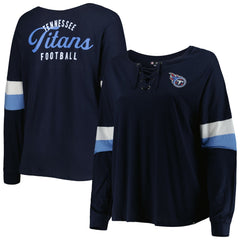 Women's Plus Size Athletic Varsity Lace-Up V-Neck Long Sleeve T-Shirt - Tennessee Titans