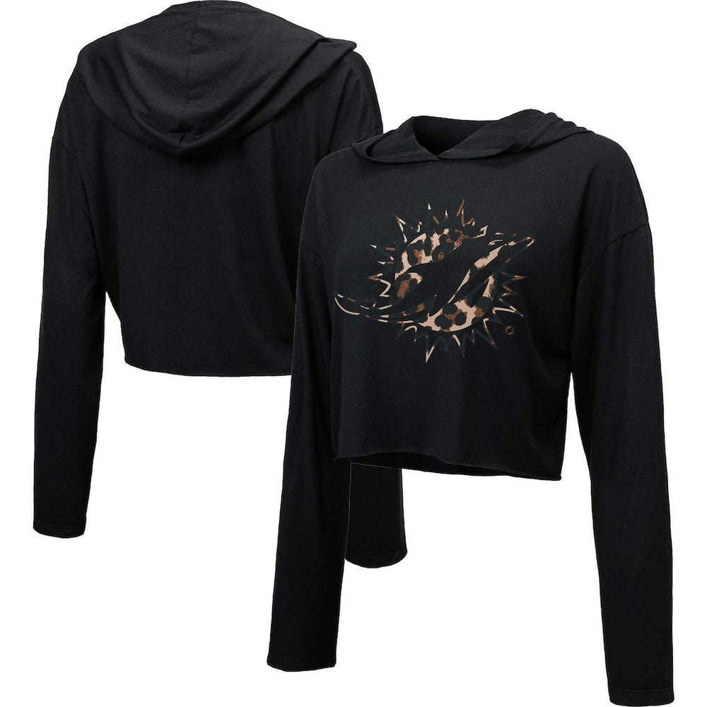 Majestic Threads Women's Leopard Cropped Pullover Hoodie - Miami Dolphins