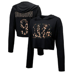 Joe Burrow Majestic Threads Women's Leopard Player Name & Number Long Sleeve Cropped Hoodie - Cincinnati Bengals