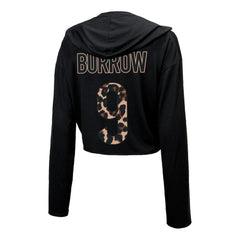 Joe Burrow Majestic Threads Women's Leopard Player Name & Number Long Sleeve Cropped Hoodie - Cincinnati Bengals