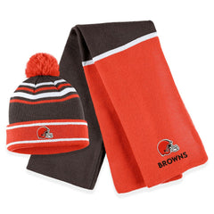 WEAR by Erin Andrews Women's Colorblock Cuffed Knit Hat with Pom and Scarf Set - Cleveland Browns