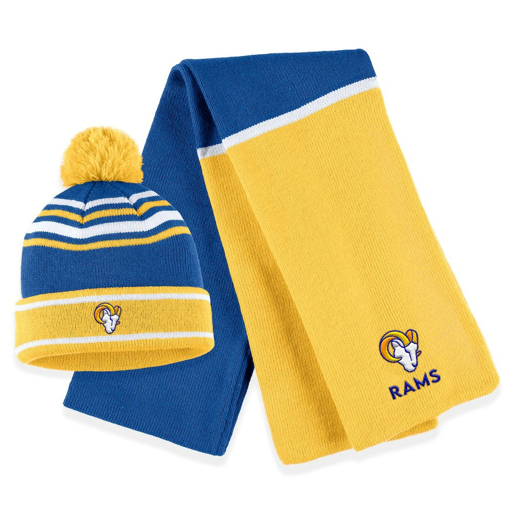 WEAR by Erin Andrews Women's Colorblock Cuffed Knit Hat with Pom and Scarf Set - Los Angeles Rams